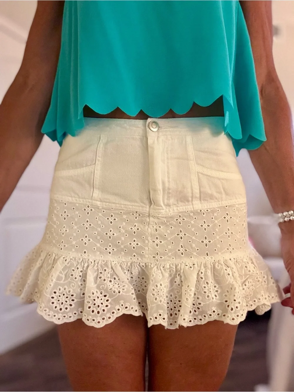 Altar'd State White Eyelet Ruffle Mini Skirt